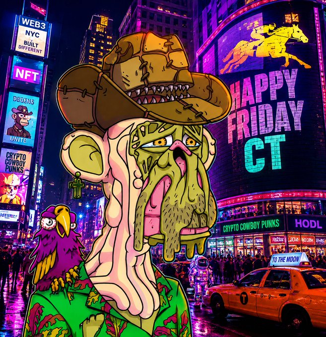 A vibrant crypto-themed Times Square-style scene featuring a character with a cowboy hat showing teeth, a melting/dripping face, a purple bird on their shoulder, and a parrot, with billboards reading 'WEB3 NYC BUILT DIFFERENT', 'NFT', 'DEGEN', 'HAPPY FRIDAY CT', 'CRYPTO COWBOY PUNKS', and 'HODL TO THE MOON'.