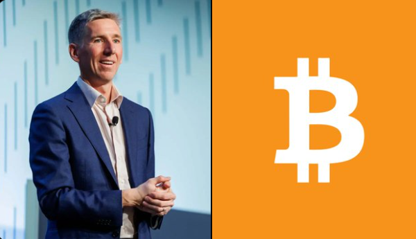 The image shows Matt Hougan, Bitwise's CIO, speaking at what appears to be a conference, alongside a large Bitcoin (₿) logo, visually reinforcing his bullish institutional outlook on BTC as the next phase of the crypto market.