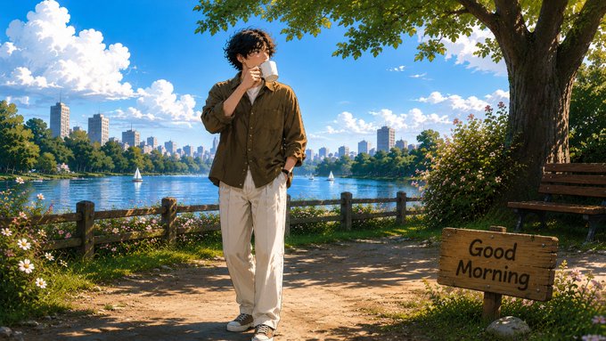 An anime-style illustration of a young man drinking from a cup in a park by a lake with a city skyline in the background, accompanied by a 'Good Morning' wooden sign.
