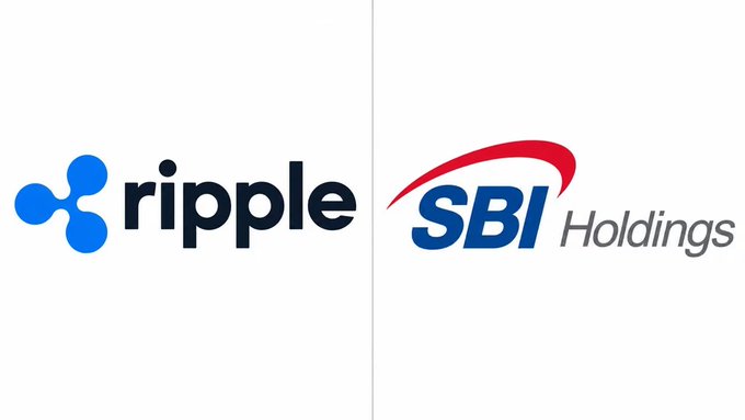 The image shows the logos of Ripple and SBI Holdings side by side, visually representing their collaboration through which SBI, a Ripple partner, has completed its takeover of the Japanese cryptocurrency exchange Bitbank.