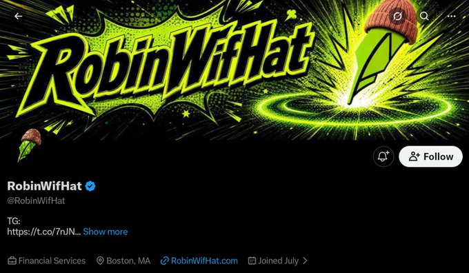 The image shows the Twitter/X profile page of "RobinWifHat" (@RobinWifHat), a financial services account based in Boston, MA, featuring a vibrant comic-style banner with green and yellow accents, a rocket character wearing a beanie, and the username displayed prominently. The profile relates to the post by showcasing the verified RobinWifHat account behind the memecoin and upcoming NFT collection launch on Robinhood.