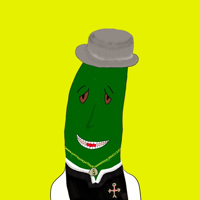 A cartoon illustration of a green anthropomorphic pickle character wearing a gray bucket hat, a gold chain with an 'R' pendant, and an Anchor Exchange cross tattoo, against a bright yellow background.