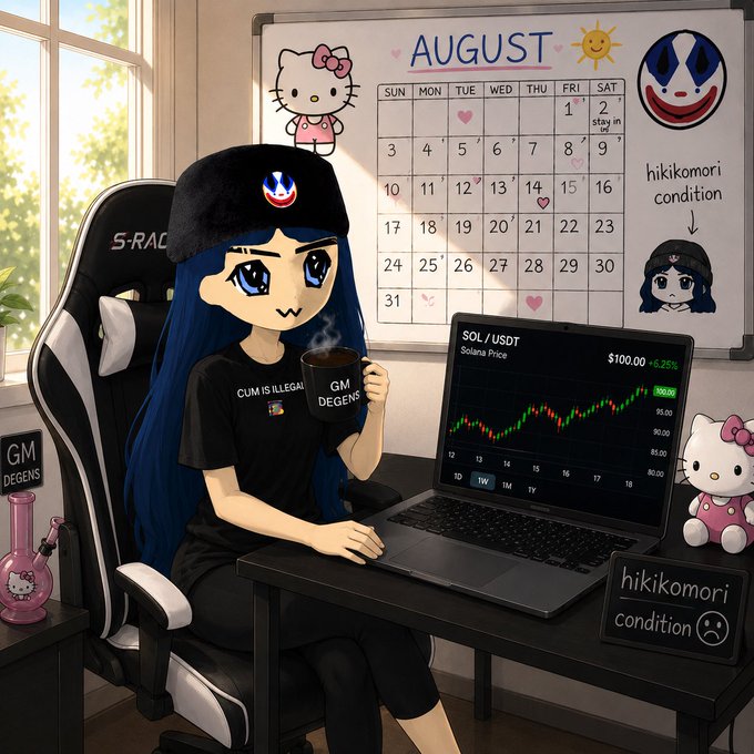 An anime-style girl with blue hair wearing a "CUM IS ILLEGAL" shirt and a Patriots helmet sits at a desk with a Hello Kitty bong and a "GM DEGENS" coffee mug, checking $SOL/USDT on Binance while a whiteboard shows an August calendar decorated with Hello Kitty, hearts, and "hikikomori condition" labels—perfectly matching the "GM gang, Caturday" crypto meme vibe with the $CUNA ticker being the $100 chart shown.