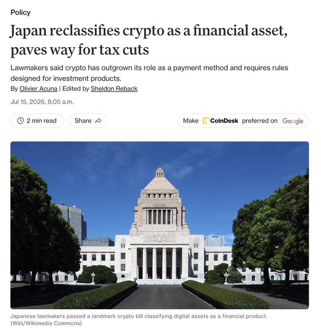 CoinDesk article headline reading 'Japan reclassifies crypto as a financial asset, paves way for tax cuts' by Olivier Acuna, dated July 15, 2026, with an image of the National Diet Building.