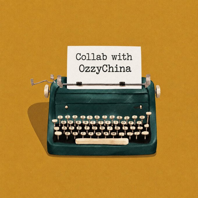A vintage green typewriter on a mustard yellow background displays a paper reading 'Collab with OzzyChina'.