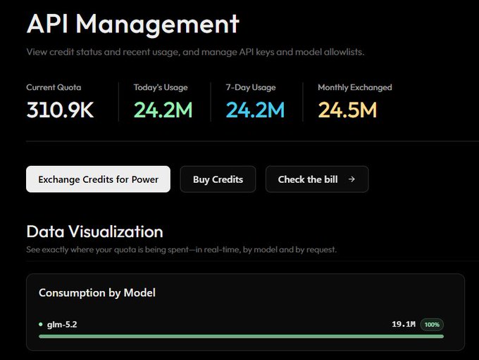 An API Management dashboard displays a current quota of 310.9K, today's usage of 24.2M, and shows 100% of consumption (19.1M) attributed to the glm-5.2 model, supporting the post's claim about heavy reliance on GLM 5.2.