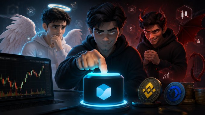 A dramatic illustration of three characters (an angel, a neutral figure, and a devil) behind a person pressing a glowing blue button, with crypto coins and trading charts.