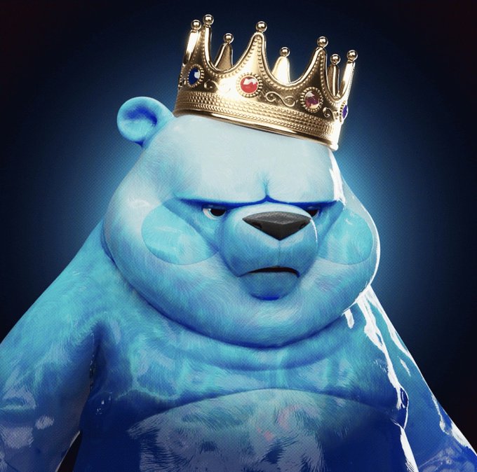A blue cartoon-style bear with a serious expression wearing an ornate gold crown adorned with red, blue, and purple jewels.