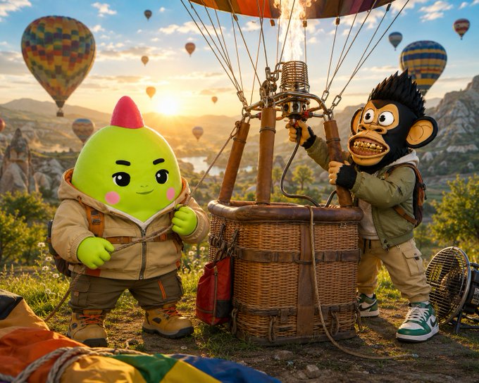 An illustration of two anthropomorphic characters—a green figure and a chimpanzee—dressed as explorers preparing a hot air balloon at sunset, with other balloons floating in the background.