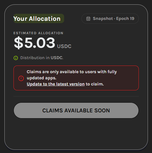 A dark-themed digital interface showing 'Your Allocation' of $5.03 USDC from Snapshot Epoch 19, with a warning that claims require app updates.