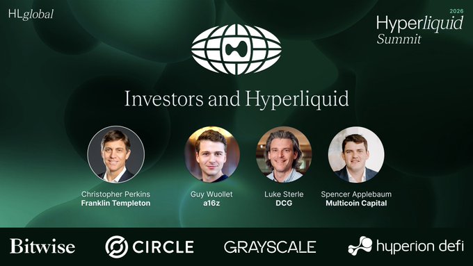 The image is a promotional graphic for the 2026 Hyperliquid Summit panel "Investors and Hyperliquid," featuring headshots of moderator Christopher Perkins (Franklin Templeton) and panelists Guy Wuollet (a16z), Luke Sterle (DCG), and Spencer Applebaum (Multicoin Capital), with sponsor logos for Bitwise, Circle, Grayscale, and Hyperion DeFi displayed below.

This matches the post announcing that these investors would discuss funding the next wave of innovation on Hyperliquid at the July 16 HL Summit.