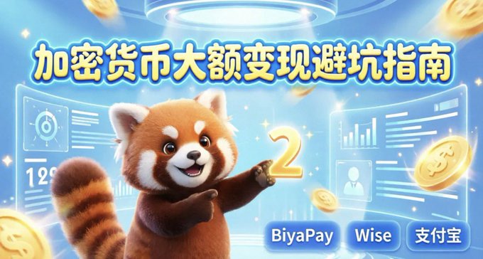 A promotional graphic featuring a red panda mascot holding the number '2', with Chinese text about cryptocurrency cash conversion, mentioning payment platforms BiyaPay, Wise, and Alipay.