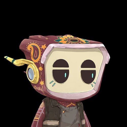 A 3D-rendered character with a maroon, box-shaped television-like head featuring a sun decal and a yellow antenna, wearing a gray vest over a patterned shirt.