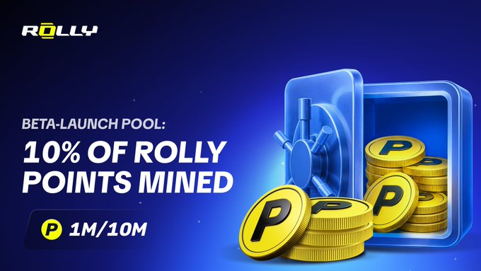 A promotional graphic for ROLLY cryptocurrency announcing a 'BETA-LAUNCH POOL: 10% OF ROLLY POINTS MINED' with a progress bar showing 1M/10M and an image of gold coins marked with 'P'.