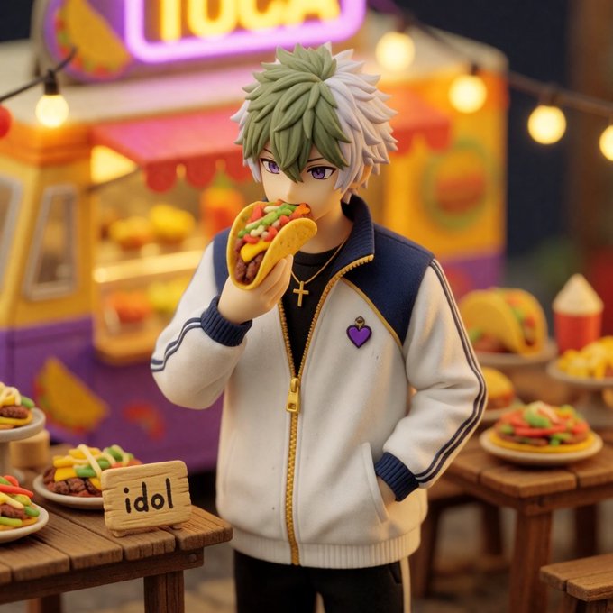 An anime figure of a green-and-white-haired character wearing a jacket with a heart pin, eating a taco at a food stall labeled 'Tacos' with an 'idol' sign nearby.