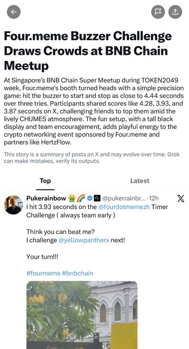 Mobile screenshot of an X/Twitter article titled "Four.meme Buzzer Challenge Draws Crowds at BNB Chain Meetup" describing a TOKEN2049 event, with a tweet from @pukerainbr showing a 3.93-second buzzer challenge score.