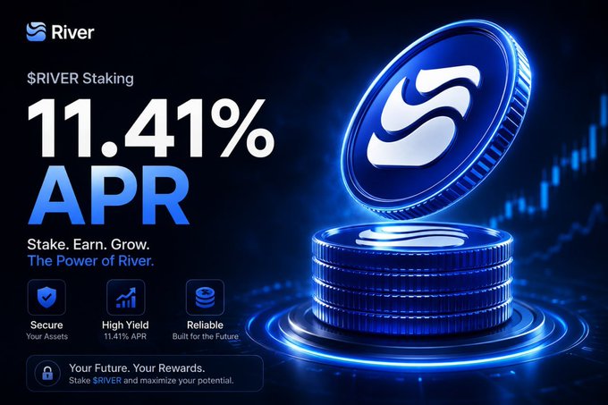A promotional graphic for 'River' cryptocurrency staking advertising '11.41% APR' with images of blue River coins and tags 'Secure', 'High Yield', and 'Reliable'.