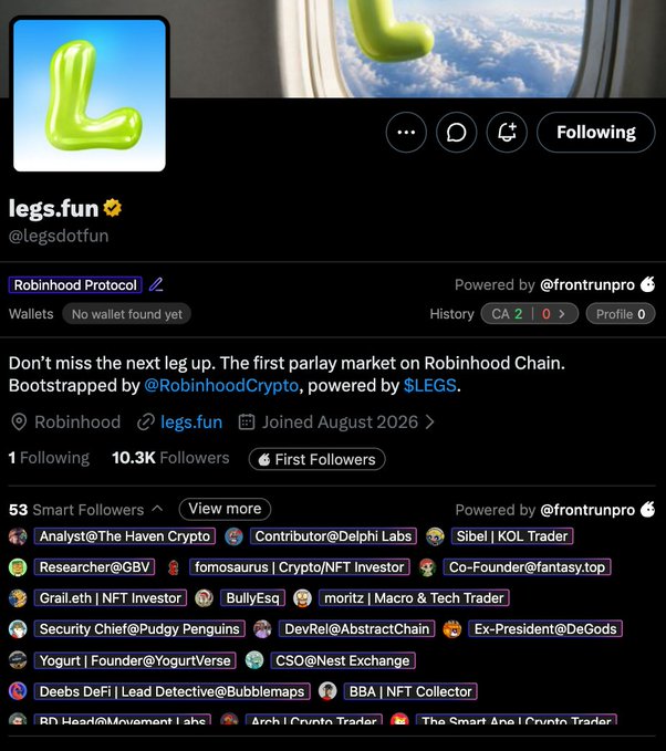 A screenshot of the “legs.fun” (@legsdofun) profile shows the $LEGS project, “Robinhood Protocol,” with 10.3K followers, a “Following” button, and the post: “The first parlay market on Robinhood Chain. Bootstrapped by @RobinhoodCrypto, powered by $LEGS.” It also displays the contract-address metrics “CA 2 | 0” and “Profile 0,” supporting the claim that a Robinhood-bootstrapped $LEGS project launched on Robinhood Chain.