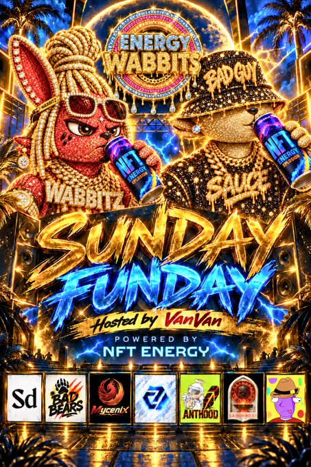 A vibrant promotional poster for "Sunday Funday" features two characters—Wabbits and Badguy—holding NFT Energy drinks, with the event hosted by VanVan and powered by NFT Energy, showcasing sponsor logos like SD, Bad Bears, Mycentix, and Anthood at the bottom. The colorful, DJ-themed design ties directly to the post's announcement of a $100 $SOL giveaway and NFT prizes for attendees of the Twitter Space.