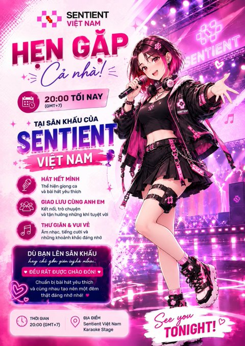 A vibrant pink promotional poster in Vietnamese for 'Sentient Viet Nam' titled 'HEN GẶP Cả nhà!', advertising a meet-and-greet event tonight at 20:00 (GMT+7) featuring an anime-style female singer performing on stage.
