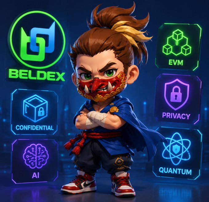 A digital illustration of a masked ninja-like character surrounded by glowing icons labeled "BELDEX," "EVM," "CONFIDENTIAL," "PRIVACY," "AI," and "QUANTUM," representing the Beldex cryptocurrency's features.