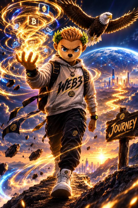 A stylized digital illustration of a boy with a laurel wreath on his head, wearing a 'WEB3' hoodie, wielding glowing magical crypto symbols, accompanied by a flying bald eagle and a 'JOURNEY' sign.