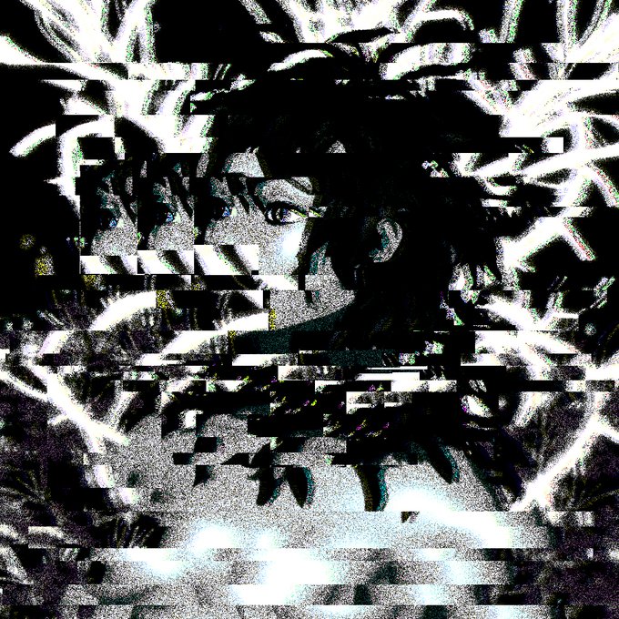 A heavily distorted, glitch-art style black and white image depicting a face partially obscured by horizontal pixelated bands and abstract textures.