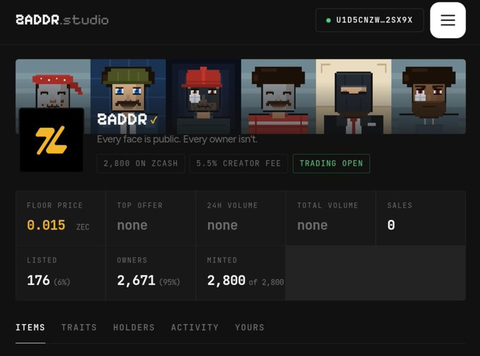Screenshot of ZADDR.studio NFT collection page showing 'ZADDR' pixel art faces on Zcash blockchain, with 2,800 minted, 176 listed, 2,671 owners, floor price 0.015 ZEC, and 'TRADING OPEN' status.
