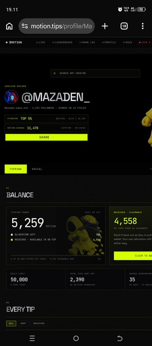 A mobile screenshot of a Motion.tips profile for "@MAZADEN" shows a "TOP 5%" creator ranking, a balance of 5,259 tips, and a total received of 4,558 in SOL.