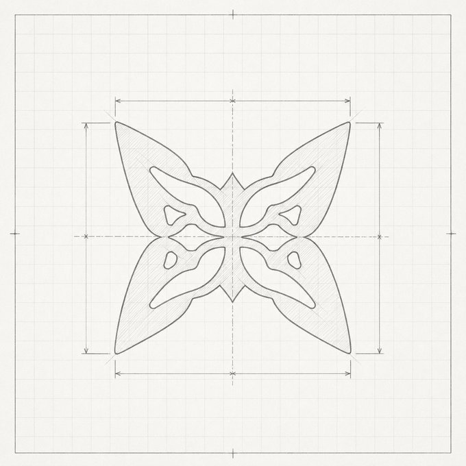 Technical drawing of a symmetrical butterfly shape on grid paper with dimension markings and measurement lines.