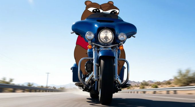 A cartoon brown bear is seen riding a blue motorcycle down a desert highway, with mountains visible in the background. The motorcycle features dual headlights and a sleek front fairing.
