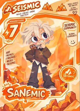 An orange-themed character card design titled 'SEISMIC' featuring a white-haired anime-style character labeled 'SANEMIC' with text noting 'ART, MEMES, FRIENDS, WEB3 AND SEISMIC'.