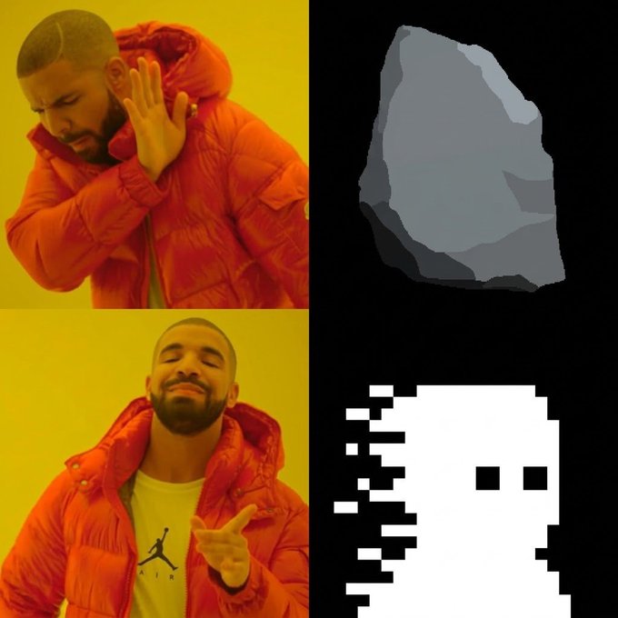 A four-panel Drake meme: top shows Drake rejecting a gray rock, bottom shows Drake approving a pixelated ghost icon (classic computer prank).