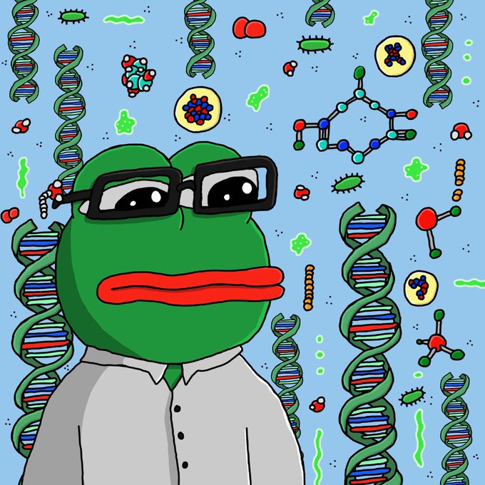 A cartoon Pepe the Frog wearing glasses and a lab coat stands amid floating DNA strands, molecular structures, and bacteria illustrations.