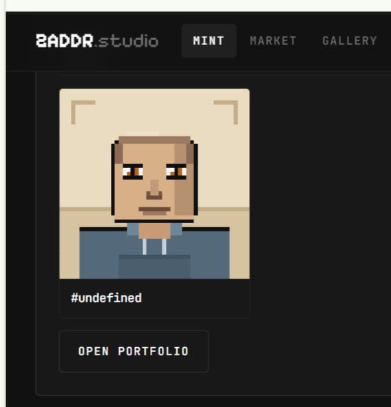 The image shows a Zaddr.studio NFT minting interface displaying a pixel art avatar labeled "#undefined" with options to "MINT," "MARKET," and "GALLERY" at the top, alongside an "OPEN PORTFOLIO" button. This relates to the post announcing a successful Zaddr NFT mint, likely an early "#undefined" token from the privacy-focused Zcash ($ZEC) ecosystem.