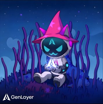 A digital illustration features a small robot character wearing a purple wizard hat, sitting among purple seaweed against a dark blue starry background, branded with the GenLayer logo.