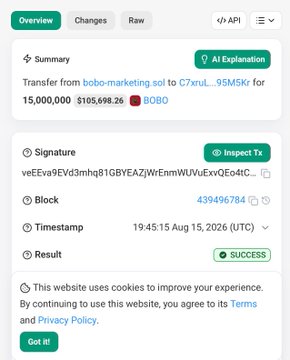 A blockchain explorer page shows a transaction summary for a transfer of 15,000,000 BOBO tokens (worth ~$105,698.26) from "bobo-marketing.sol" to "C7xru...95M5Kr," which appears to reference the social media post criticizing the project's marketing wallet being used for questionable transfers rather than actual marketing efforts.