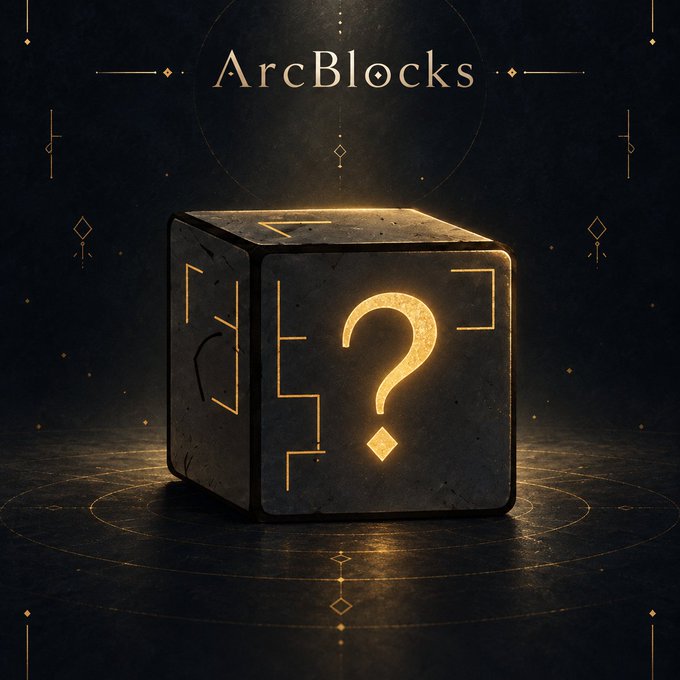 Digital artwork for 'ArcBlocks' featuring a stone cube with glowing gold runes and a question mark symbol on a dark, mystical background.
