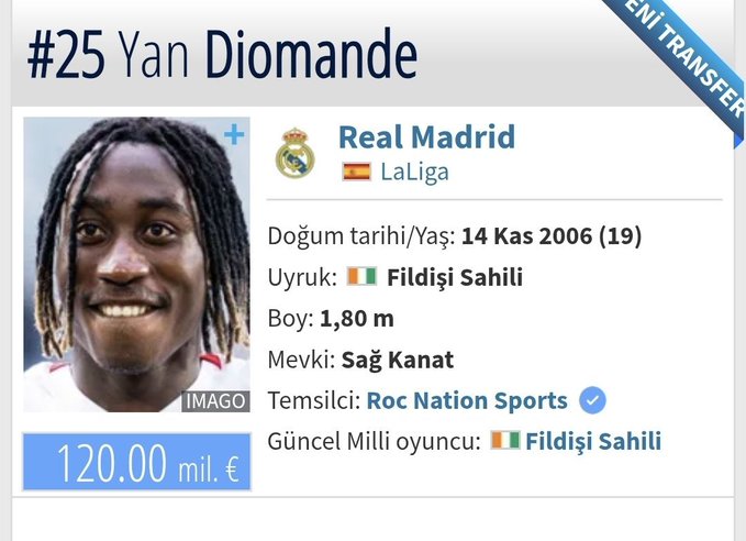 The image displays a Transfermarkt profile card for Yan Diomande, a 19-year-old Ivorian right winger at Real Madrid, with a market value of €120.00 million. The accompanying comment expresses frustration at the rapid 30 million euro rise in his valuation, reflecting confusion over how such a young player's price can climb so quickly.