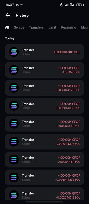 A mobile phone screenshot shows a transaction history on the Phantom wallet app, listing multiple recent transfers of approximately -100.00K GF0F via the Solana network, labeled as 'Today'.