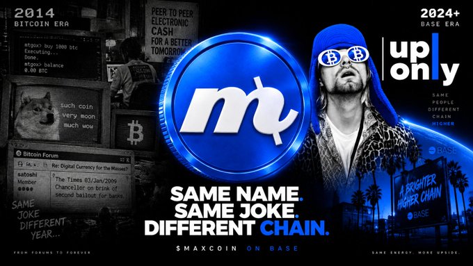 A promotional graphic for 'Maxcoin on Base' featuring a blue coin logo, the text 'SAME NAME. SAME JOKE. DIFFERENT CHAIN.', and 'up only BASE', contrasting 2014 Bitcoin Era references with 2024+ Base Era imagery.