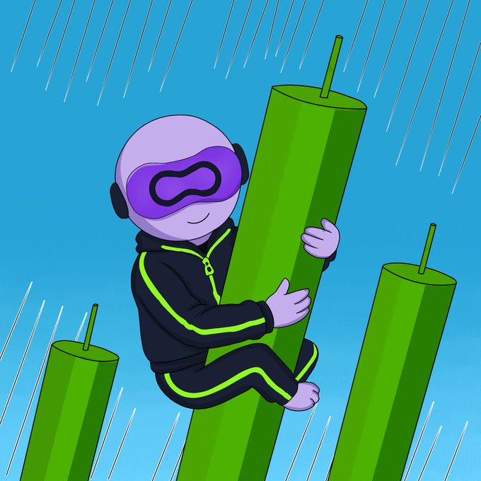 A digital illustration of a character wearing a purple mask and black track suit hugging a large green bamboo-like stalk against a blue sky background.