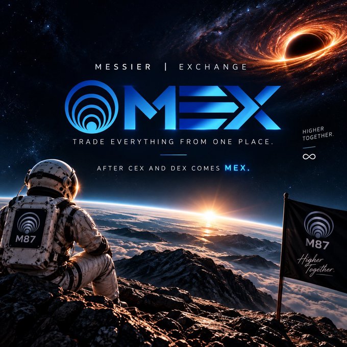 Promotional graphic for 'MEX' (Messier Exchange) featuring a space-themed design with an astronaut on a mountain, a black hole, and the tagline 'AFTER CEX AND DEX COMES MEX' with 'HIGHER TOGETHER.' branding.
