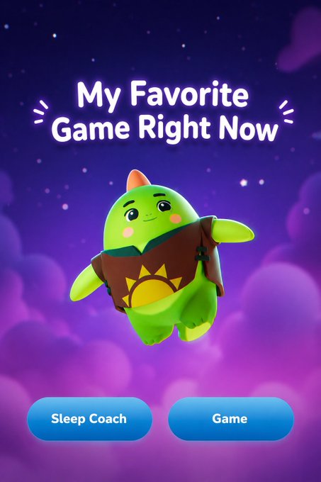 A cute green character wears a "sun" shirt against a starry purple sky, with the text "My Favorite Game Right Now" displayed above and "Sleep Coach" and "Game" buttons below, illustrating the user's enthusiasm for the Sleepagotchi app and the rewards system that motivates their continued play.