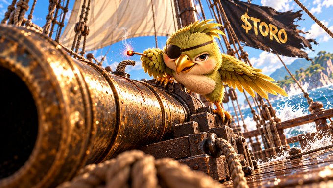 A green cartoon bird with an eye patch and a pirate hat holds a lit fuse next to a large brass cannon on a pirate ship, with a '$TORO' flag flying in the background.
