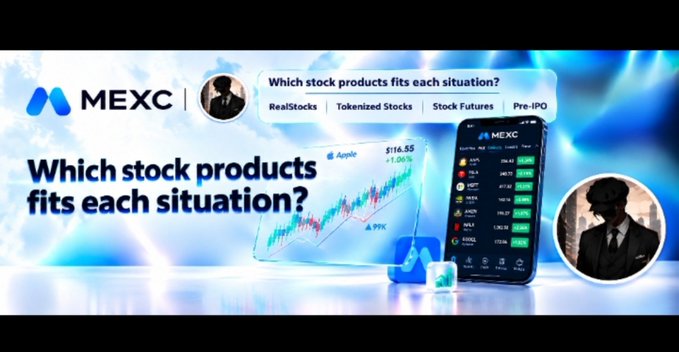 An advertisement for MEXC showing stock products including RealStocks, Tokenized Stocks, Stock Futures, and Pre-IPO with an Apple stock chart displaying a price of $114.55.