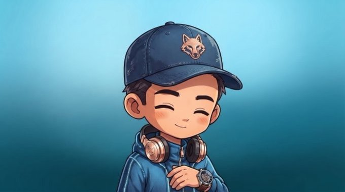 Cute chibi-style cartoon illustration of a boy wearing a blue cap with a fox/wolf logo, blue hoodie, and headphones around his neck.