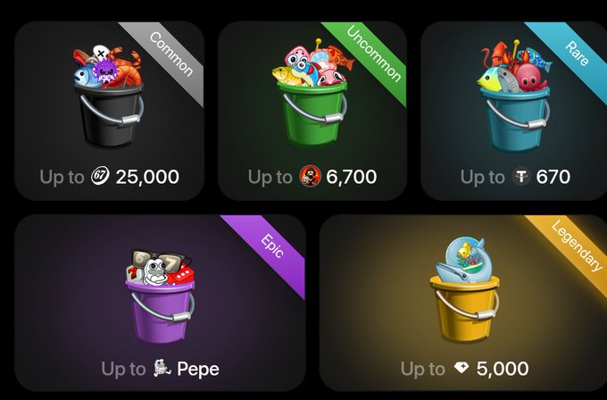 A tier-based reward system from a game showing five buckets of fish with rarity labels: Common (up to 25,000 coins), Uncommon (up to 6,700), Rare (up to 670), Epic (Pepe), and Legendary (up to 5,000 diamonds).