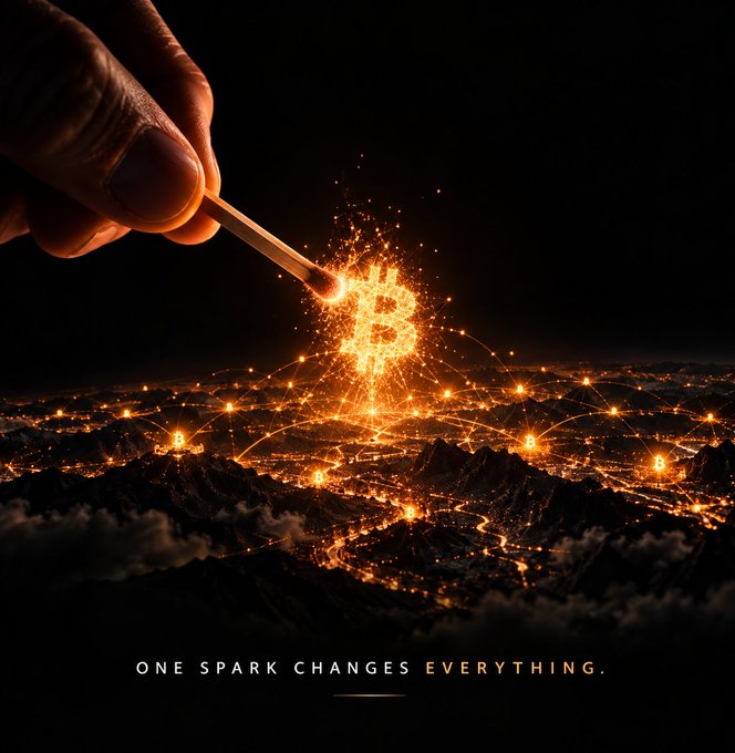 A conceptual digital artwork showing a hand lighting a glowing Bitcoin symbol shaped from a match, with the tagline 'ONE SPARK CHANGES EVERYTHING.' below.