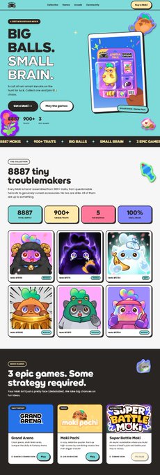 The image showcases Moku HQ's redesigned website (moku.gg) featuring colorful game promotions for "Moshi Monsters," "Super Battle Moks," and "Grand Arena," highlighting 8,887 troublemakers and 900+ traits. The vibrant, playful design aligns perfectly with the post's excitement about the site's fresh new look.
